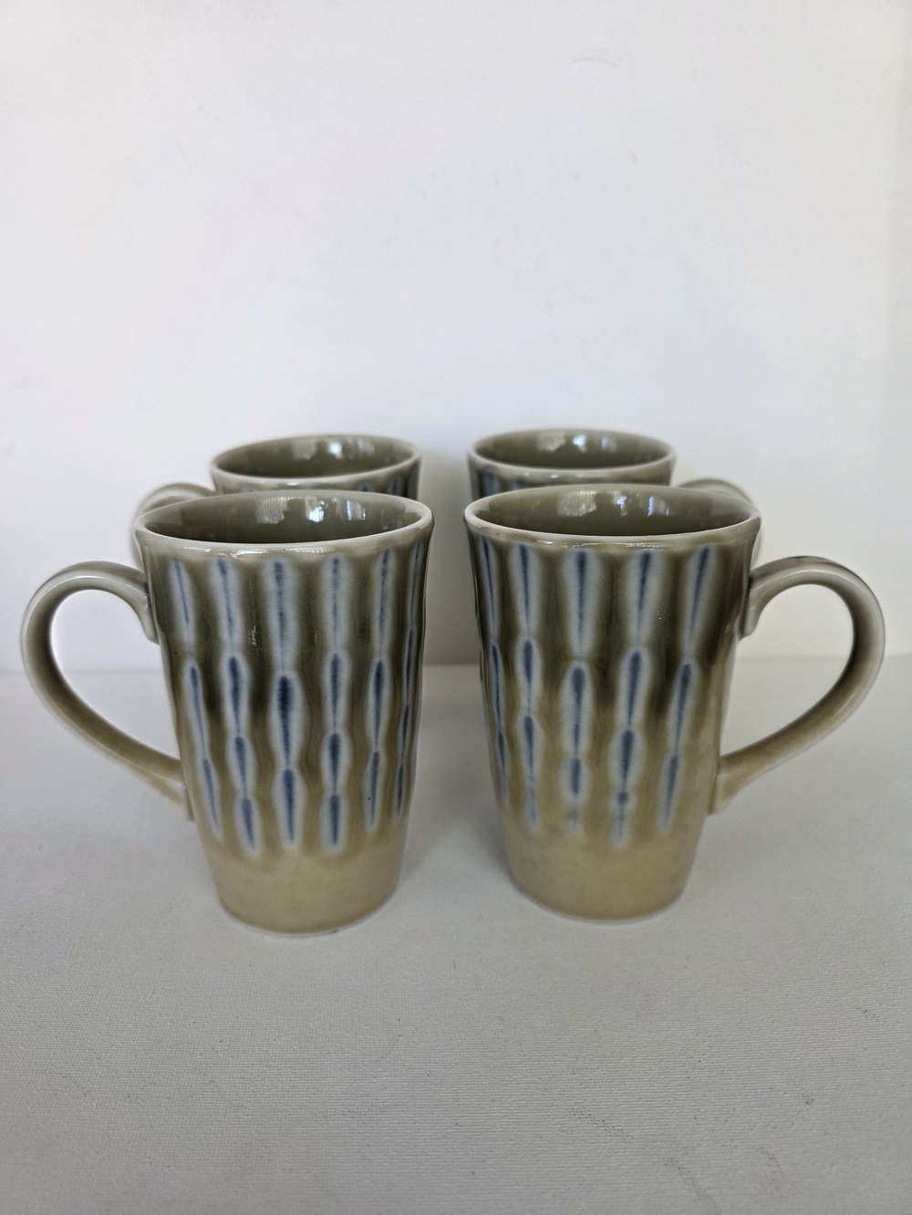 Cost Plus World Market Olive Green & Blue Drip Glaze Ceramic Mugs Set of 4